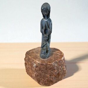 Miniature Madonna and Child, pewter on marble, stylized, excellent condition